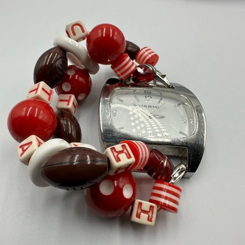3/$30 Narmi Watch Women Silver Tone Utah Football Bead Stretch Bracelet